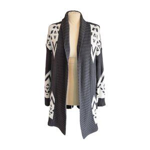 Aerie Long Line Open Cardigan Knit Western Geometric Grey Ivory Sz M